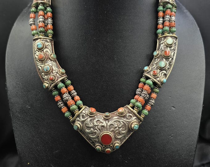 Super Gorgeous Authentic Sterling Silver Vintage Handmade Tibeten Necklace With Natural Turquoise And Coral Stone