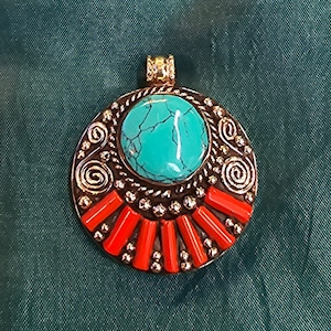 Handmade Sterling Silver Tibetan Pendant: Turquoise & Coral