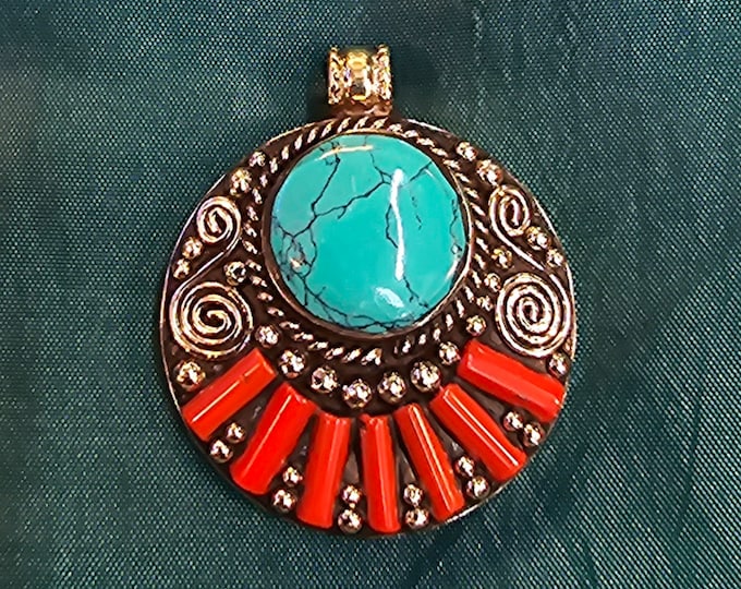 Beautiful Tibeten Design Old Silver Pendant With Natural Turquoise And Coral