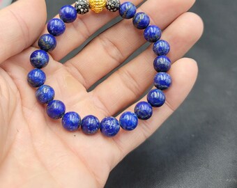 Lapis Lazuli Beaded Bracelet: Gold-Plated Accents, Adjustable