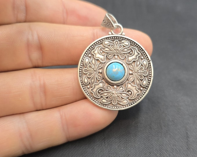 Handmade Vintage Old Tibeten Silver Pendant With Natural Turquoise Stone