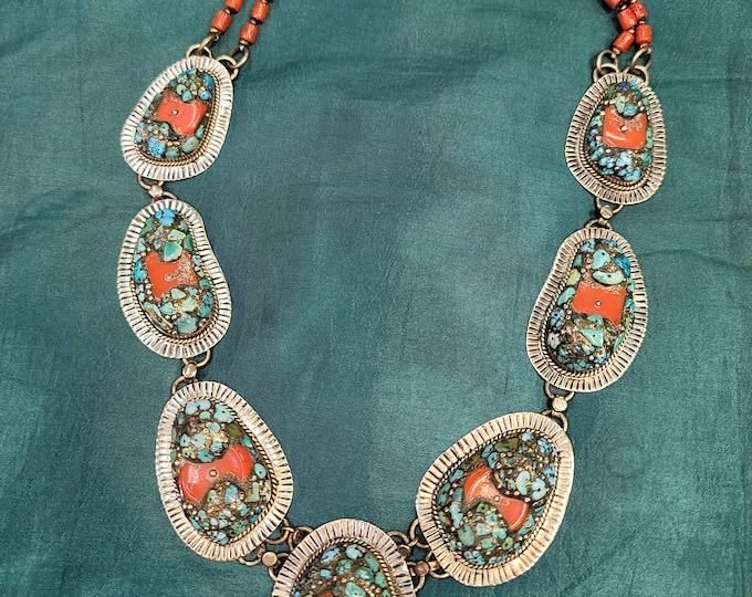 Beautiful Vintage Silver High Quality Natural Native American Turquoise And Coral Stone
