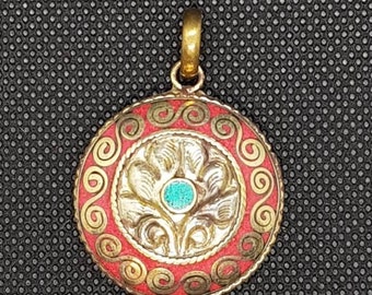 Handmade Brass Pendant: Medieval Turquoise & Coral Inlay