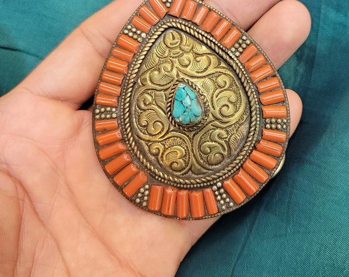 Original Coral And Turquoise Stone Beautiful Brass And Silver Handicraft Buckle