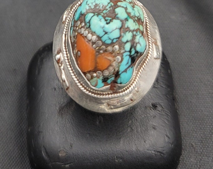 Vintage Beautiful Tibeten Silver Wonderful Natural Turquoise Stone And Coral Silver Ring