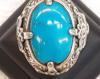 Vintage Handmade Silver Ring: Turquoise Stone, Size 8.1