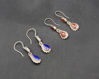 Vintage Old Silver Afghanistan Tinny Earrings With Natural Lapis Lazuli and Agate