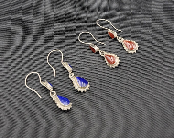 Vintage Old Silver Afghanistan Tinny Earrings With Natural Lapis Lazuli and Agate