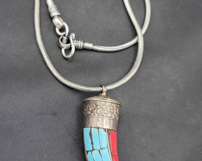 Beautiful Vintage Nepali Silver Baho Design Pendant With Natural Turquoise And Coral