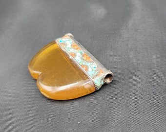 Handmade Silver Pendant: Natural Copal, Turquoise & Coral Gemstone