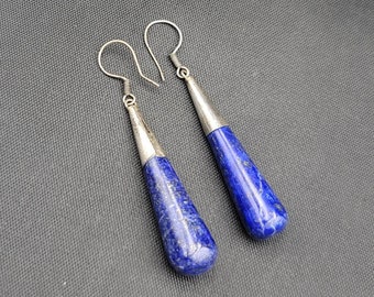 Natural Lapis Lazuli Stone Vintage Silver Earrings From Afghanistan