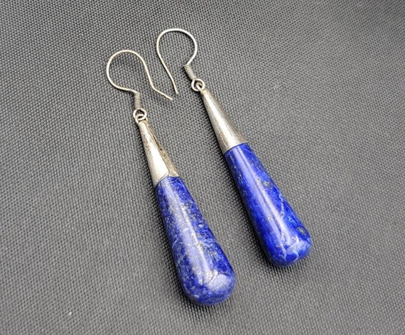 Natural Lapis Lazuli Stone Vintage Silver Earrings From Afghanistan