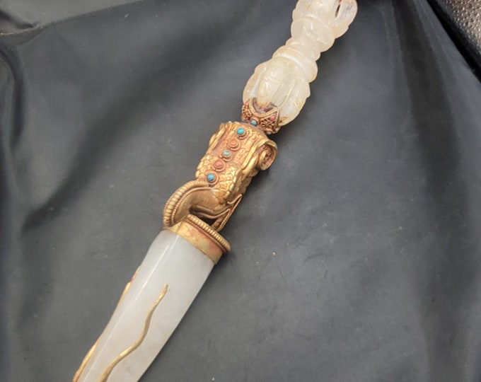 Antique Rare Tibetan Ritual Dagger (Phurba) Gold Gulding And Himalayan Clear Crystal Quartz Handcrafted Mahakala 3 Face Art Deco