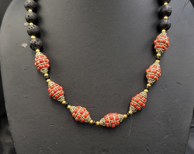 Beautiful Vintage Natural Coral Stone Silver Beads With Black lava Natural Beads Necklace
