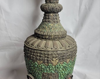Beautiful Antique Tibetan Wonderful Huge Silver And Bronze Big Wonderful Unique Turquoise Stone Flower Pot Art Deco Home Decoration