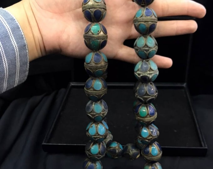 45 Pieces Vintage Afghan Handmade Beads With Turquoise and Lapis lazuli Stone Inlay