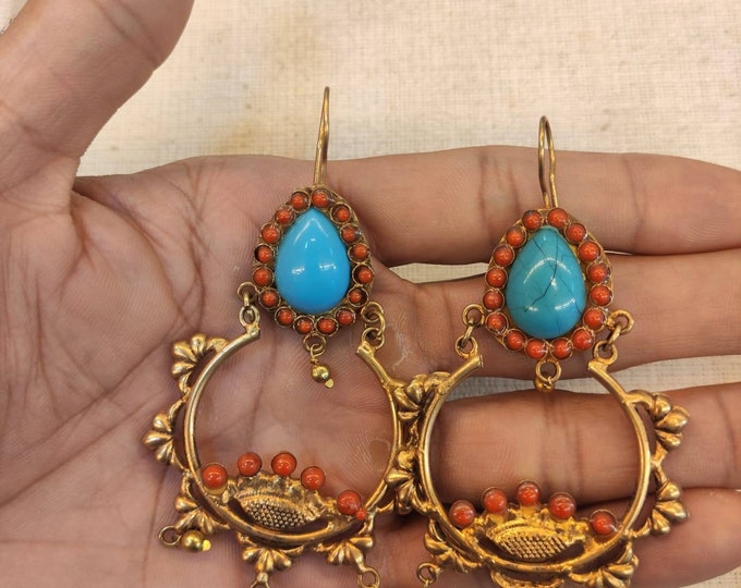 Beautiful Tribal Afghan 20k Gold Over Silver Earings With Turquoise and Coral Stone