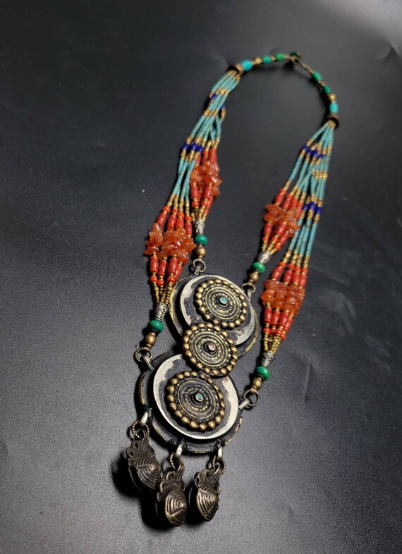 Vintage Turquoise Coral Tibetan Silver Necklace: Handmade