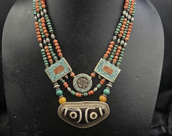 Vintage Sterling Silver Turquoise Coral Dzi Pendant Necklace