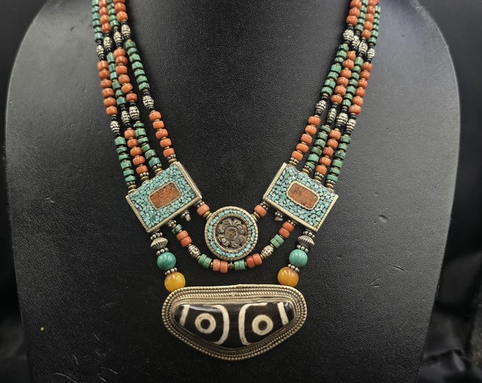 Wonderful Unique Soild Silver With Natural Turquoise And Coral With Ancient Dzi Pendant Necklace
