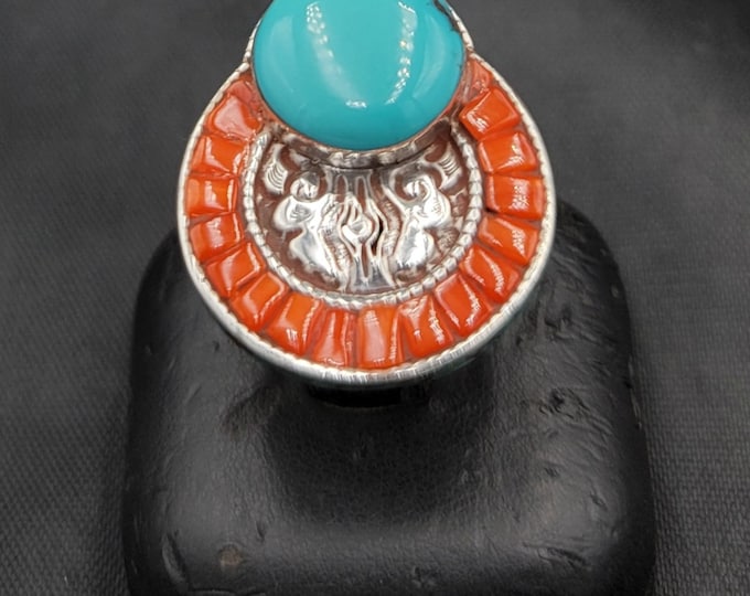 Old Vintage Beautiful Tibeten Silver Wonderful Natural Turquoise Stone And Coral Silver Ring