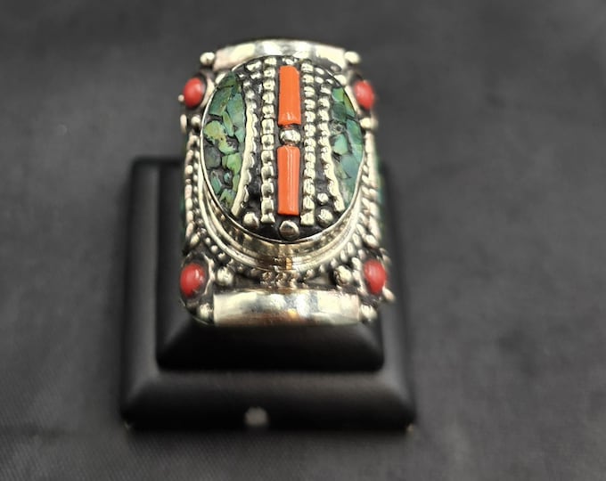 Handmade Vintage Tibetan Handmade Silver Turquoise and Coral Stone