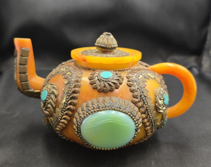 Very Rare Beautiful Handmade Authentic Vintage Tibeten Tea Pot With Natural Gemstones