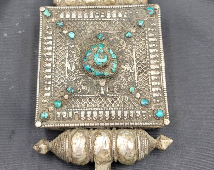 Huge Antique Old Tibeten 18th-19th Century Silver  Beautiful Gau Pendant With Natural Turquoise Box Pendant Amulet
