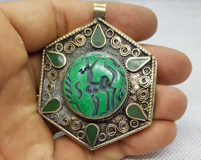 Vintage Afghan Handmade Beautiful Pendant With Green Turquoise Stone Horse Intagilo