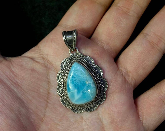 Vintage Sterling Silver Native American Design Beautiful Larimar Stone Pendant