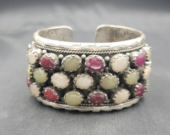 Beautiful Vintage Soild Silver Bangle With Natural Ruby And Greenish Jade Gemstone
