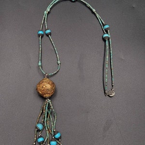 Vintage Turquoise Necklace: Handmade Brass Engraved Beads, 88cm