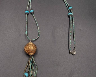 Vintage Turquoise Necklace: Handmade Brass Engraved Beads, 88cm