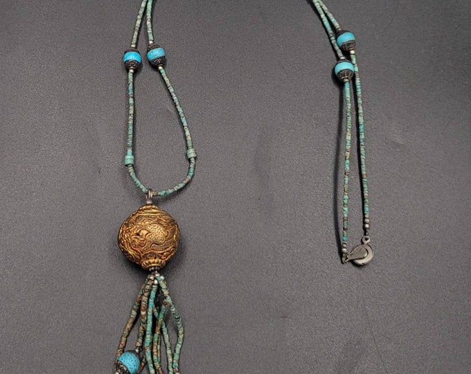 Vintage Beautiful Tibeten Turquoise Stone With Brass Engraved Beads Necklace