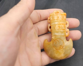 Ancient Unique Tibeten Engraved Old Natural Jade Stone Axe Pendant Amulet