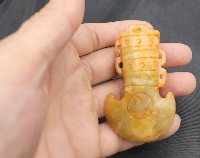Ancient Unique Tibeten Engraved Old Natural Jade Stone Axe Pendant Amulet