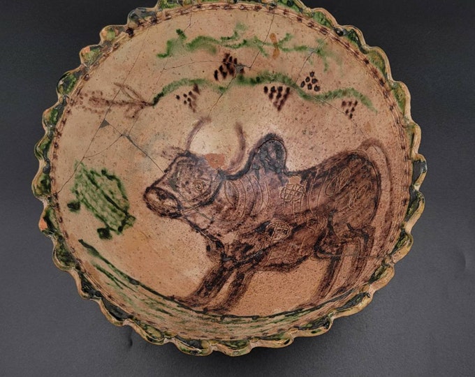 Very Rare Ancient Khurasan Antique Ceramic Bowl With Beautiful Bull Art
