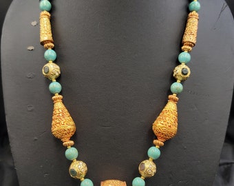 Vintage Turquoise Bead Necklace: Gold Mughal Carved Design (63cm)