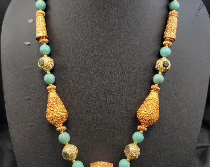 Beautiful Vintage Natural Ruby Beads Gemstone With Gold Gulding Carved Mughal Design Necklace