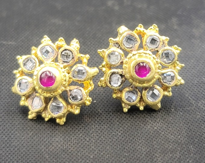 Beautiful Vintage Silver Gold Plated Earrings With Natural Ruby Gemstone