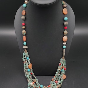 Vintage Tibetan Turquoise Coral Agate Stone Bead Necklace