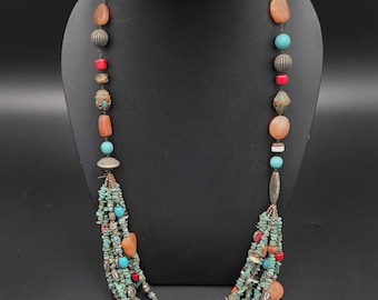 Vintage Tibetan Turquoise Coral Agate Stone Bead Necklace