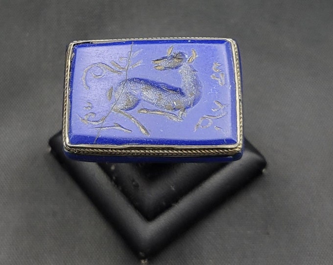 Vintage Antique Old Silver Lapis Lazuli Stone Deer Intaglio Near Eastern Old Silver Ring