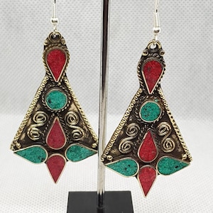 Handmade Vintage Tibetan Earrings: Turquoise & Coral Inlay