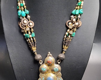19th Century Tibetan Silver Gold-Gilded Necklace: Lapis Lazuli & Turquoise