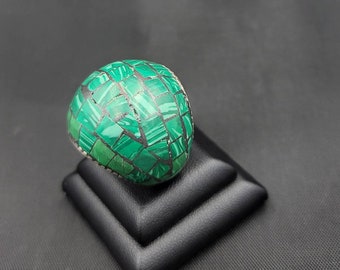 Green Malachite Natural Stone Old Silver Big Ring