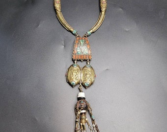 Handmade Tibetan Silver Necklace: Quartz Crystal & Turquoise, 108cm