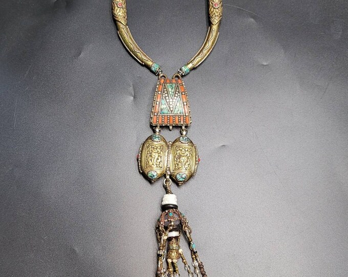 Baho Tibeten Silver And Brass Unique Necklace With Natural Himalayan Clear Crystal Quartz And Turquoise