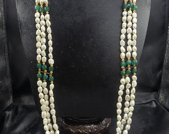Super Gorgeous Authentic Fresh Water Pearls Mughal Design Vintage 18th Century Necklace With Green Emerald