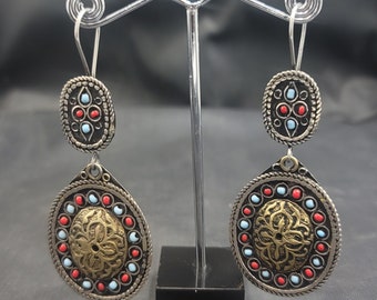 Vintage Medival Old Silver Yamoodi Earrings With Turquoise And Coral Stone